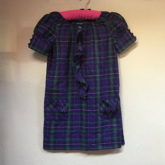 Ralph Lauren Girls' Size 12 Short Sleeve Ruffle Dress Purple/Green Plaid Cotton